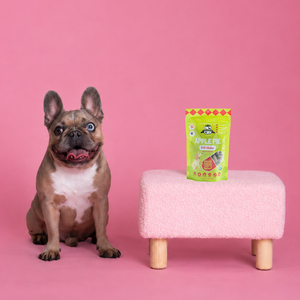 Dog sitting next to a small pink stool with a green bag on it against a pink background