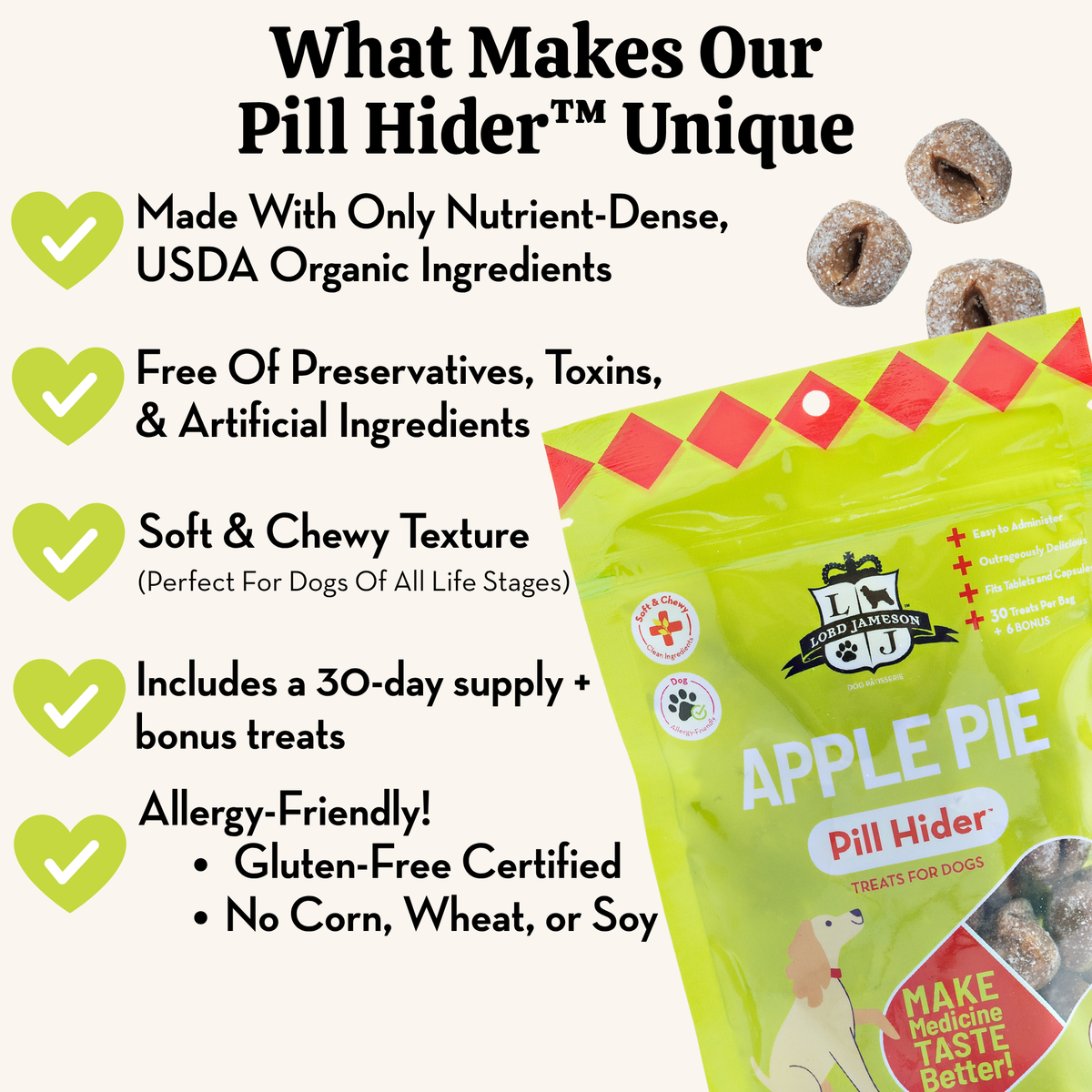 Green packaging of 'Pill Hider' treats for dogs with text highlighting unique features.