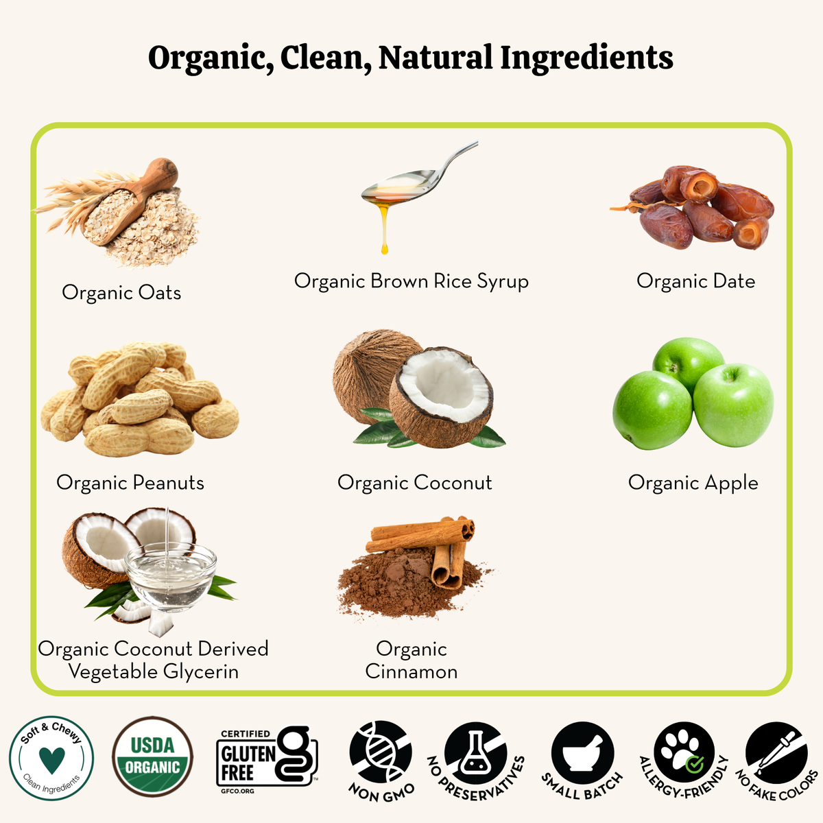 List of organic, clean, natural ingredients with corresponding images and certification logos.