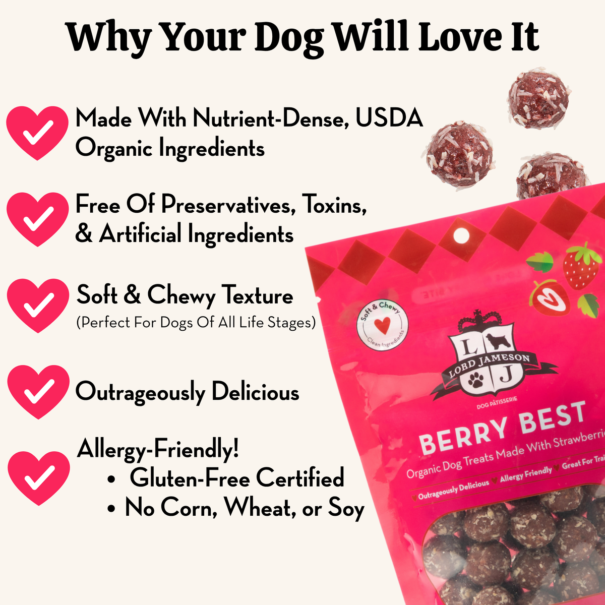 Lord Jameson Berry Best organic dog treats packaging with features listed on a white background