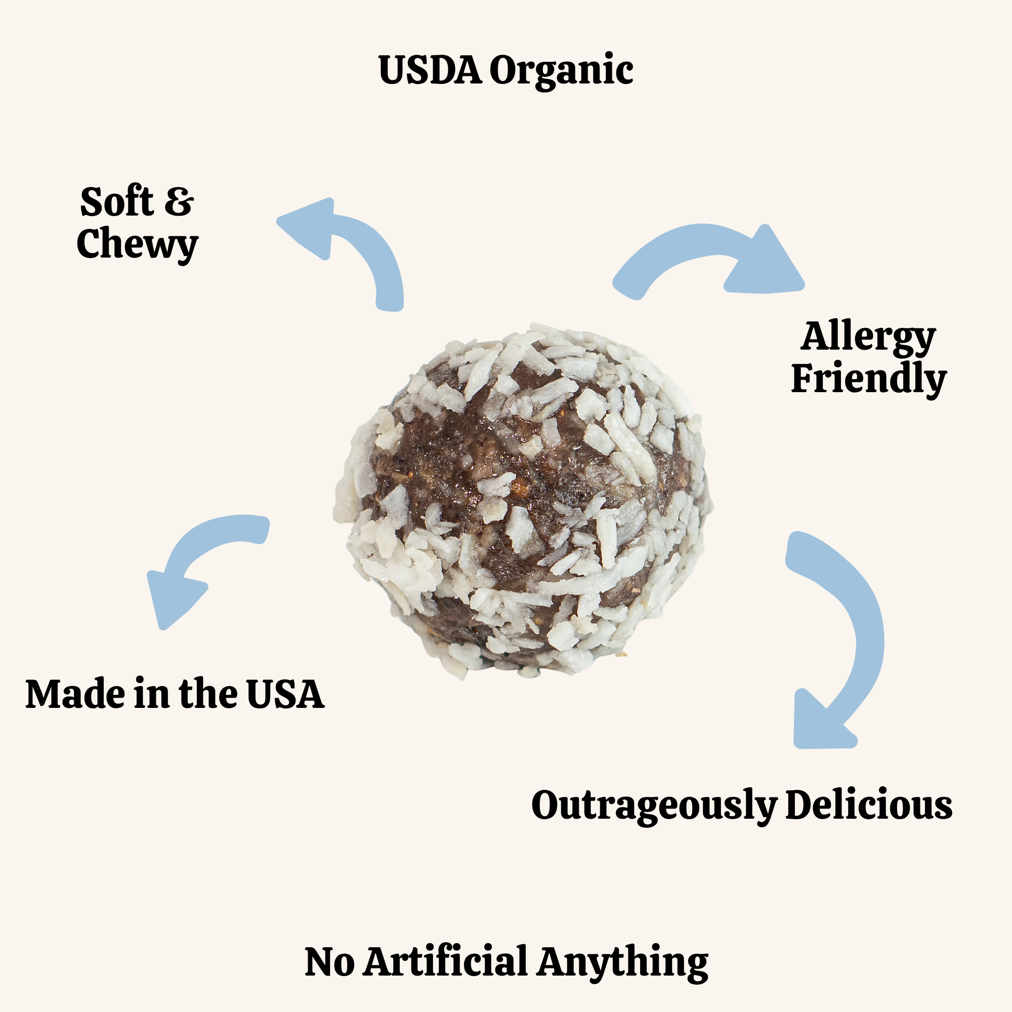 USDA Organic energy ball with text highlighting features on a white background