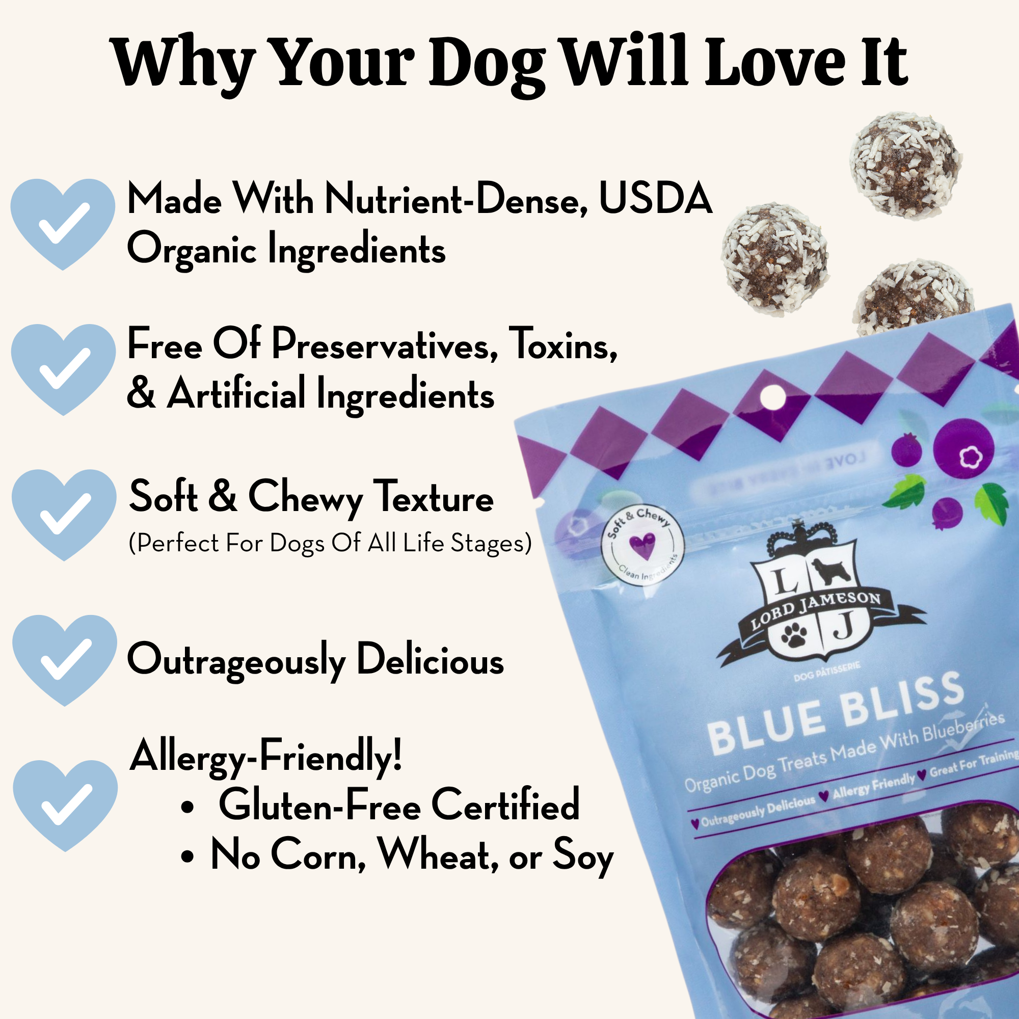 Packaging of Lord Jameson Blue Bliss organic dog treats with text highlighting benefits