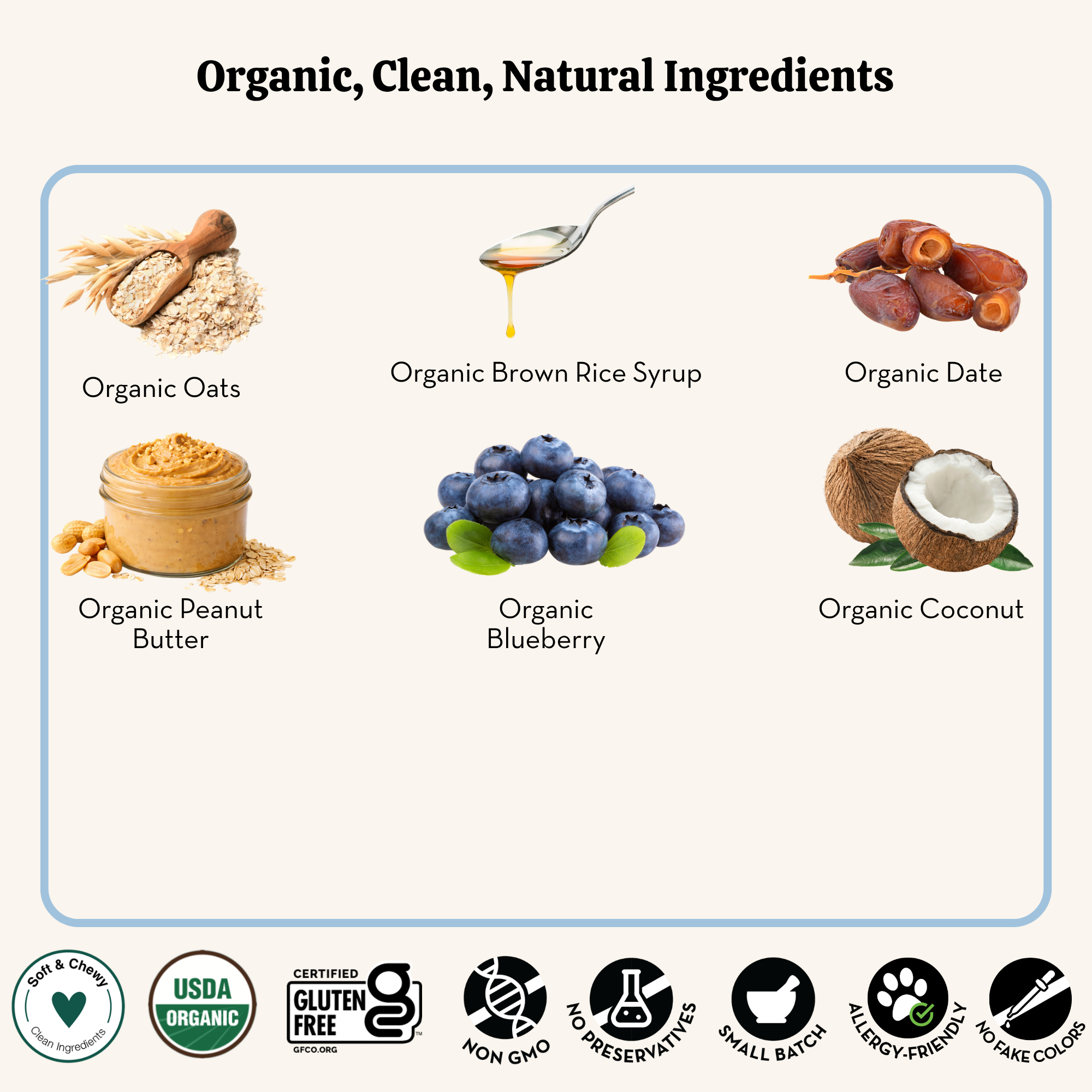 List of organic ingredients including oats, brown rice syrup, dates, peanut butter, blueberries, and coconut, with corresponding icons below.