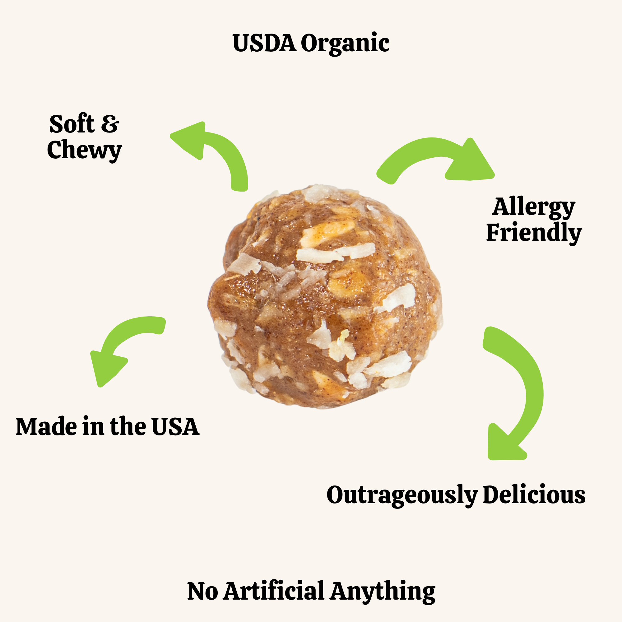 USDA Organic snack ball with health benefits listed on a white background