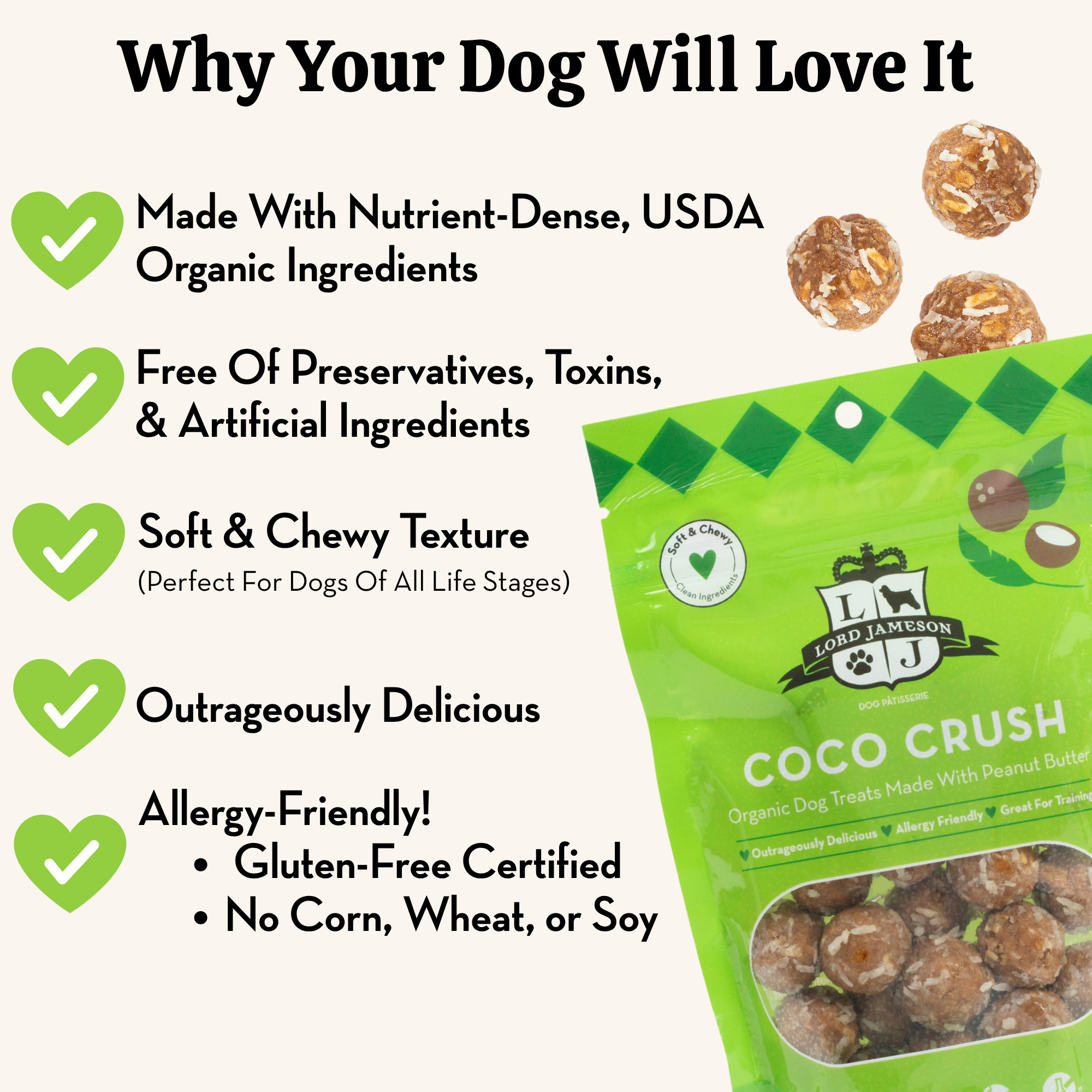 Lord Jameson Coco Crush dog treats packaging with product features listed.