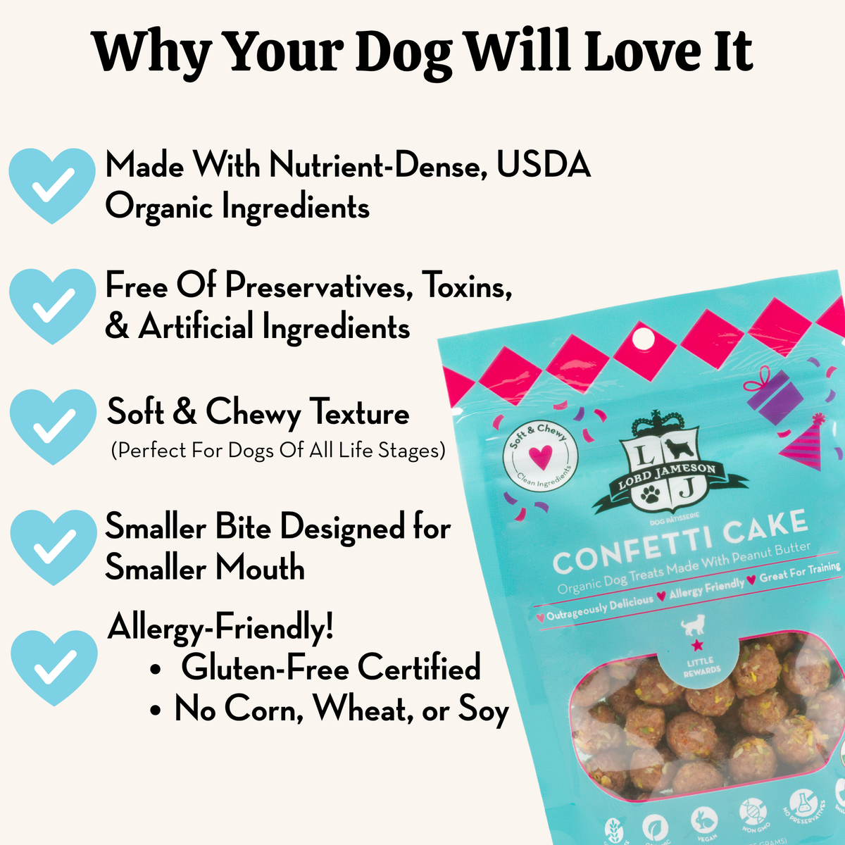 Dog treat package with text highlighting features on a white background