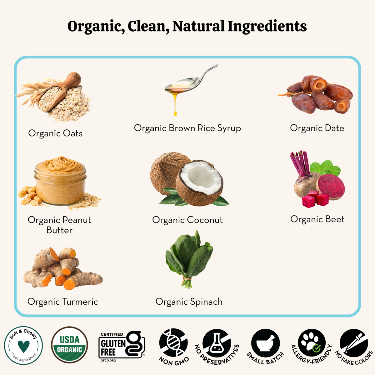 List of organic ingredients including oats, brown rice syrup, dates, peanut butter, coconut, beet, turmeric, and spinach with corresponding icons below.