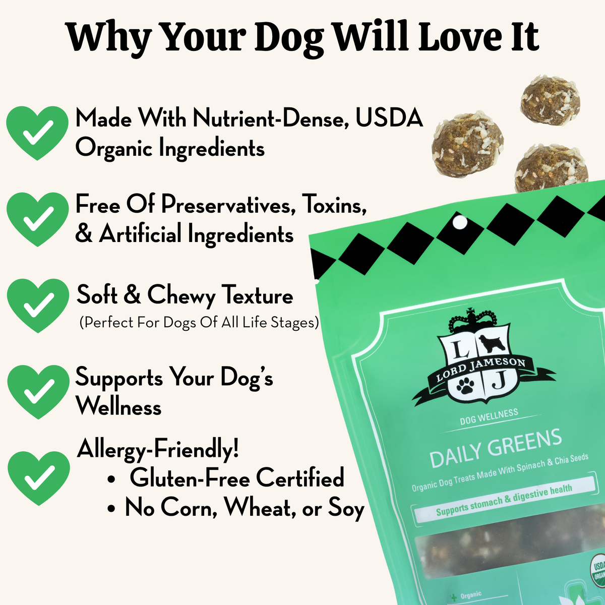 Dog treats packaging with benefits listed on a white background