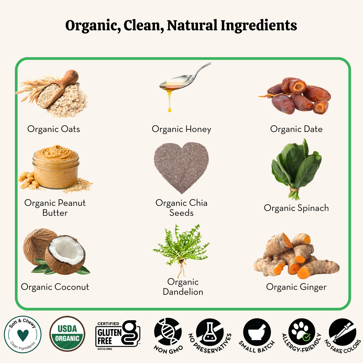 List of organic, clean, natural ingredients with corresponding images and certification logos.