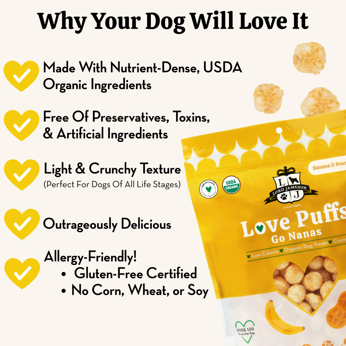 Product packaging of Love Puffs Go Nanas with listed benefits on a white background
