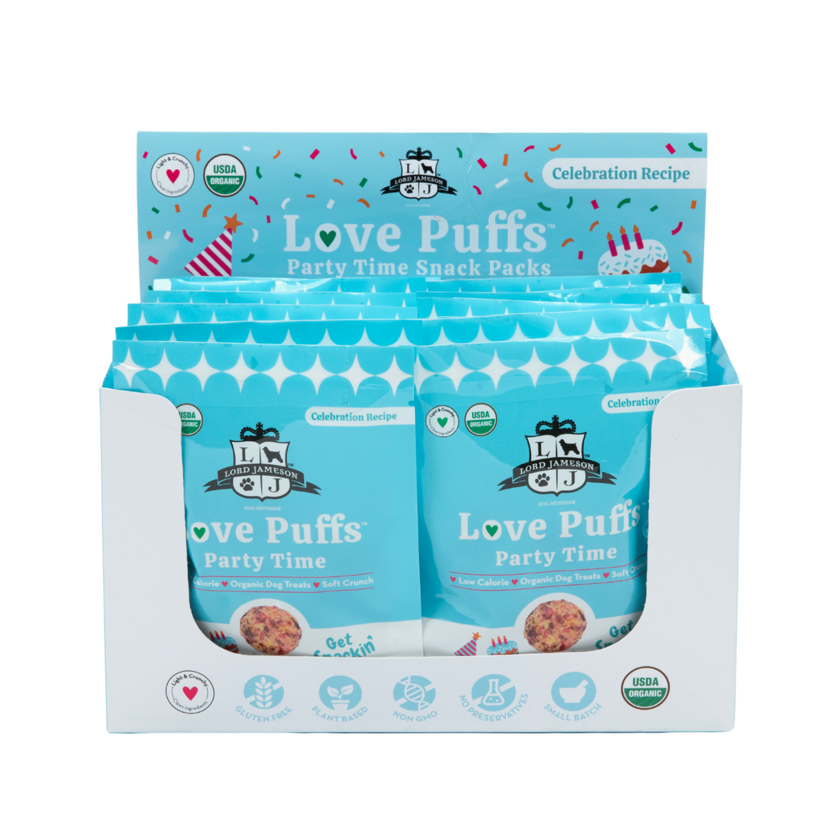 WHOLESALE Party Time Grab-N-Go Snack Pack 12 Ct + Display - Lord Jameson Organic Dog Treats