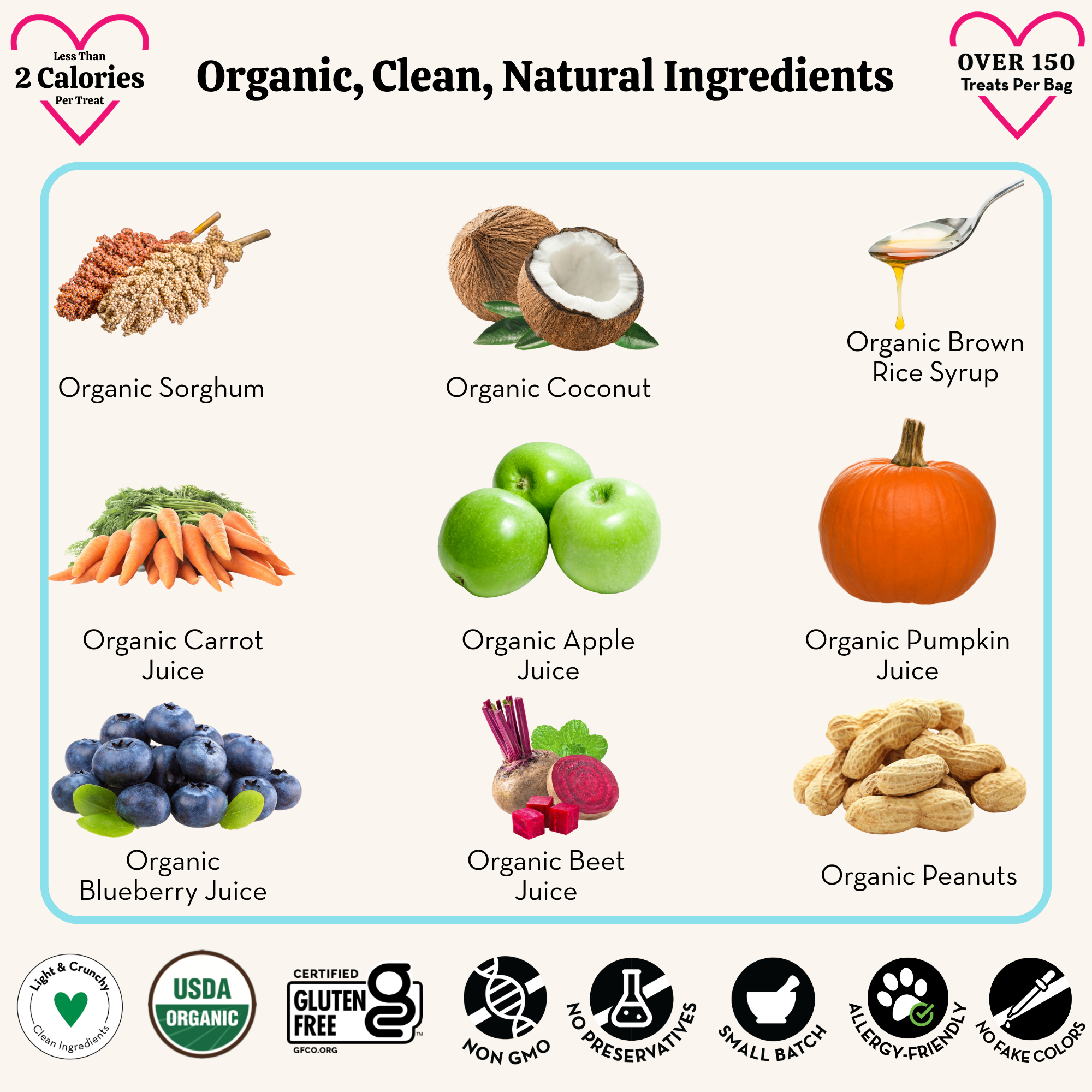 List of organic ingredients including sorghum, coconut, rice syrup, carrots, apples, pumpkin, blueberries, beets, and peanuts with corresponding images.