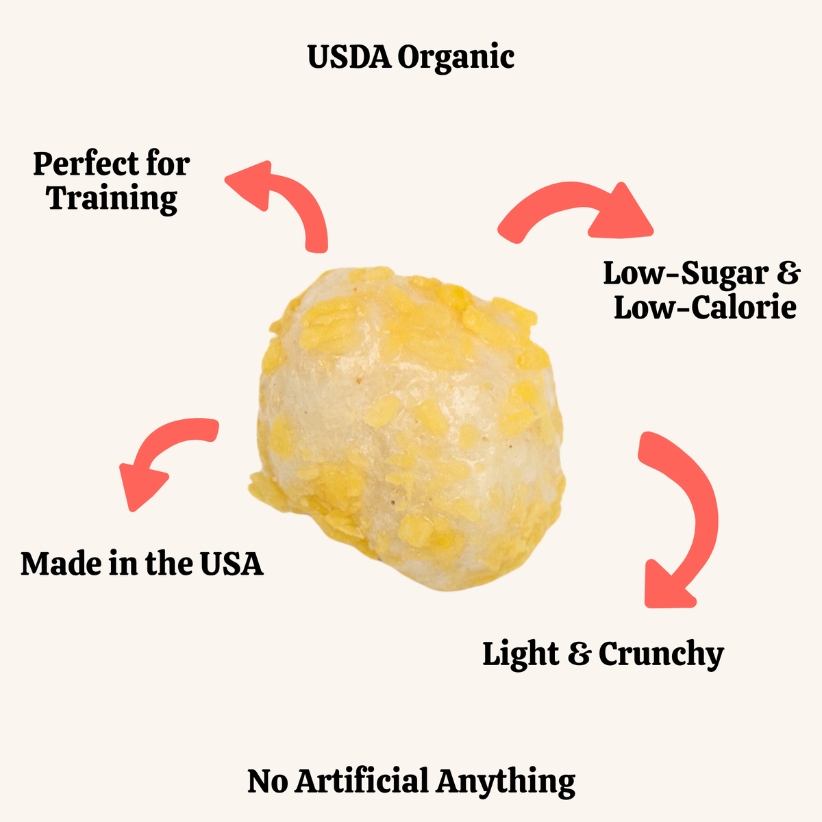 Corn kernel with USDA Organic label and health benefits text on a white background