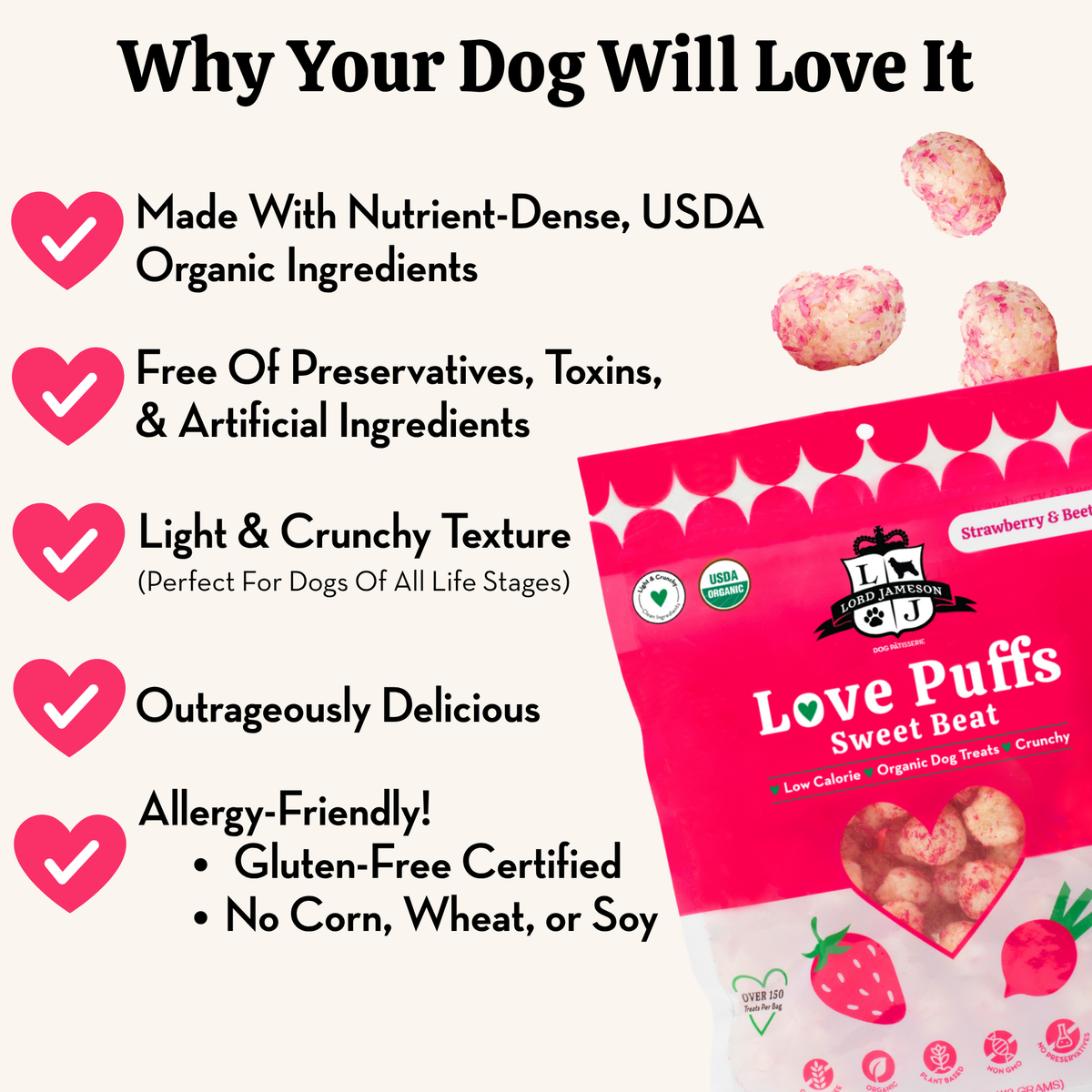 Product packaging of Love Puffs Sweet Beat with text highlighting features on a white background