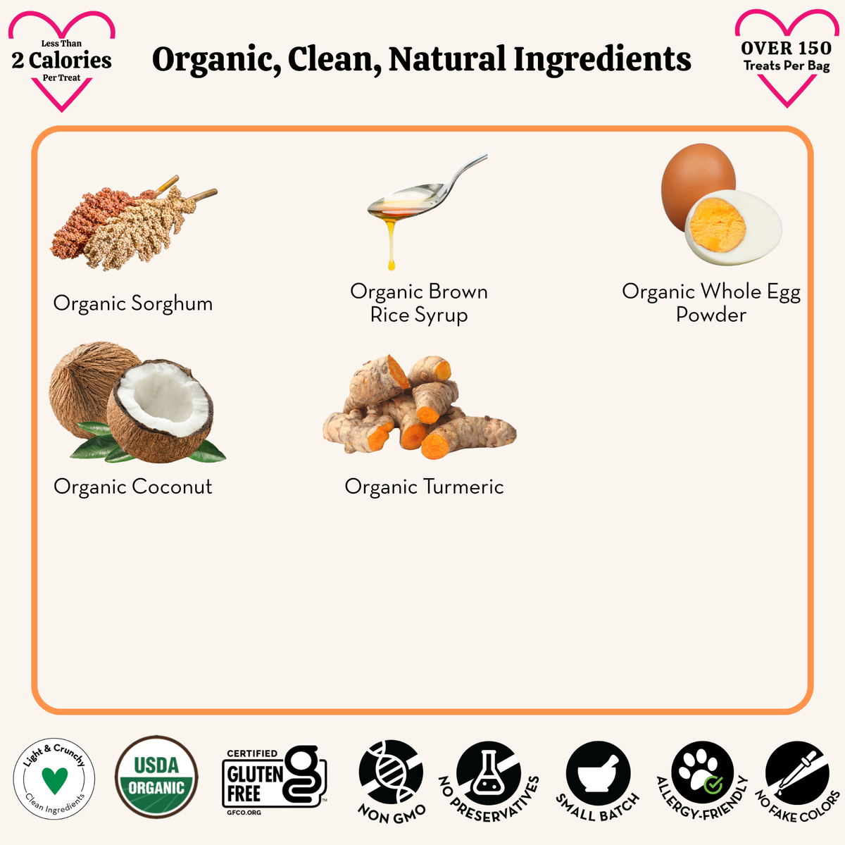 List of organic ingredients including sorghum, brown rice syrup, whole egg powder, coconut, and turmeric on a white background.