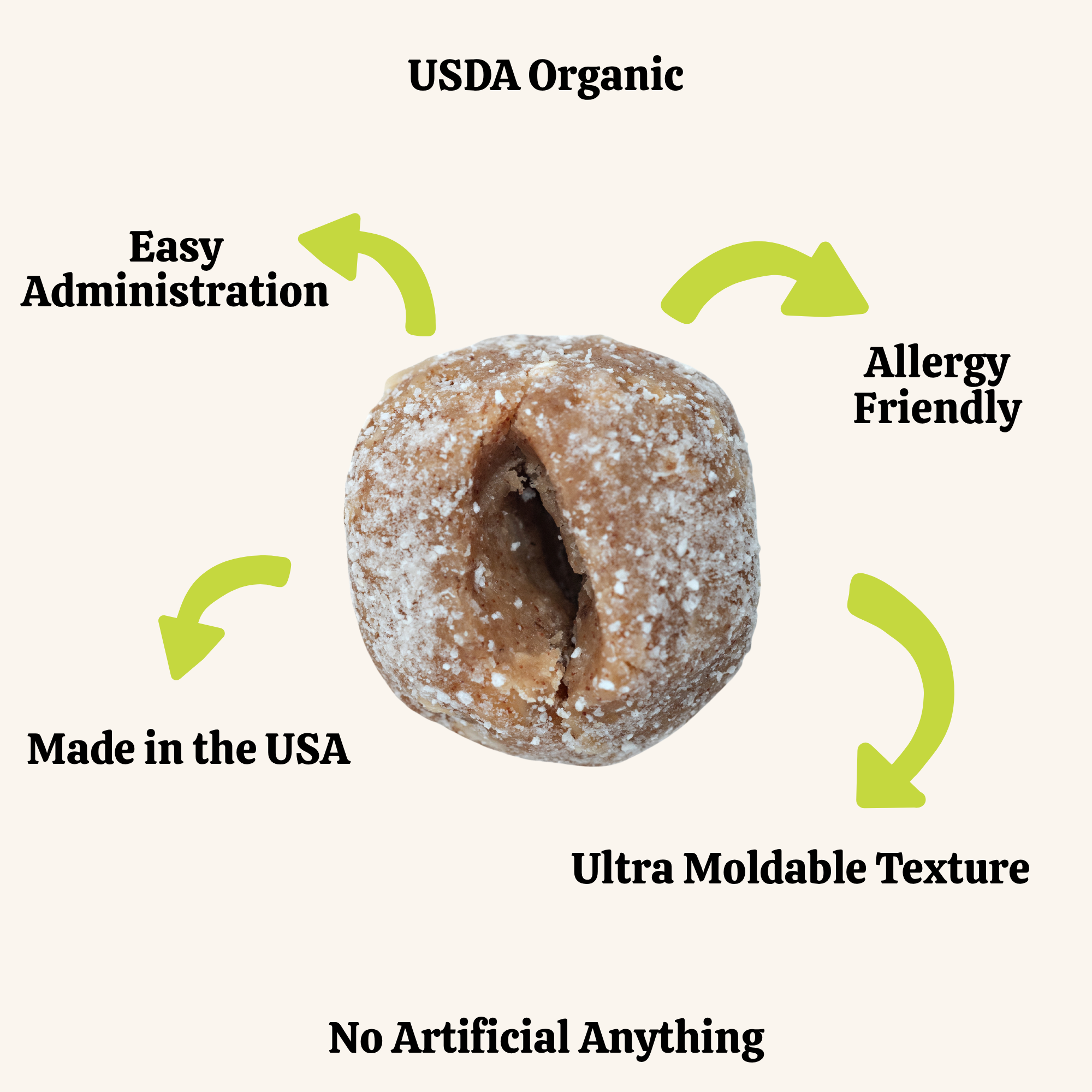 Dog treat with USDA Organic, easy administration, allergy-friendly, made in the USA, ultra moldable texture, and no artificial anything labels.