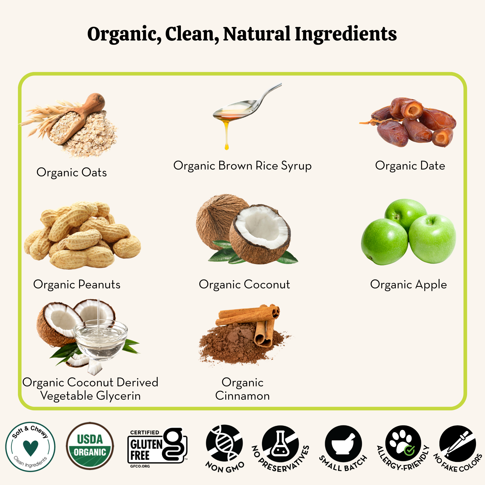List of organic, clean, natural ingredients with corresponding images and certification logos.