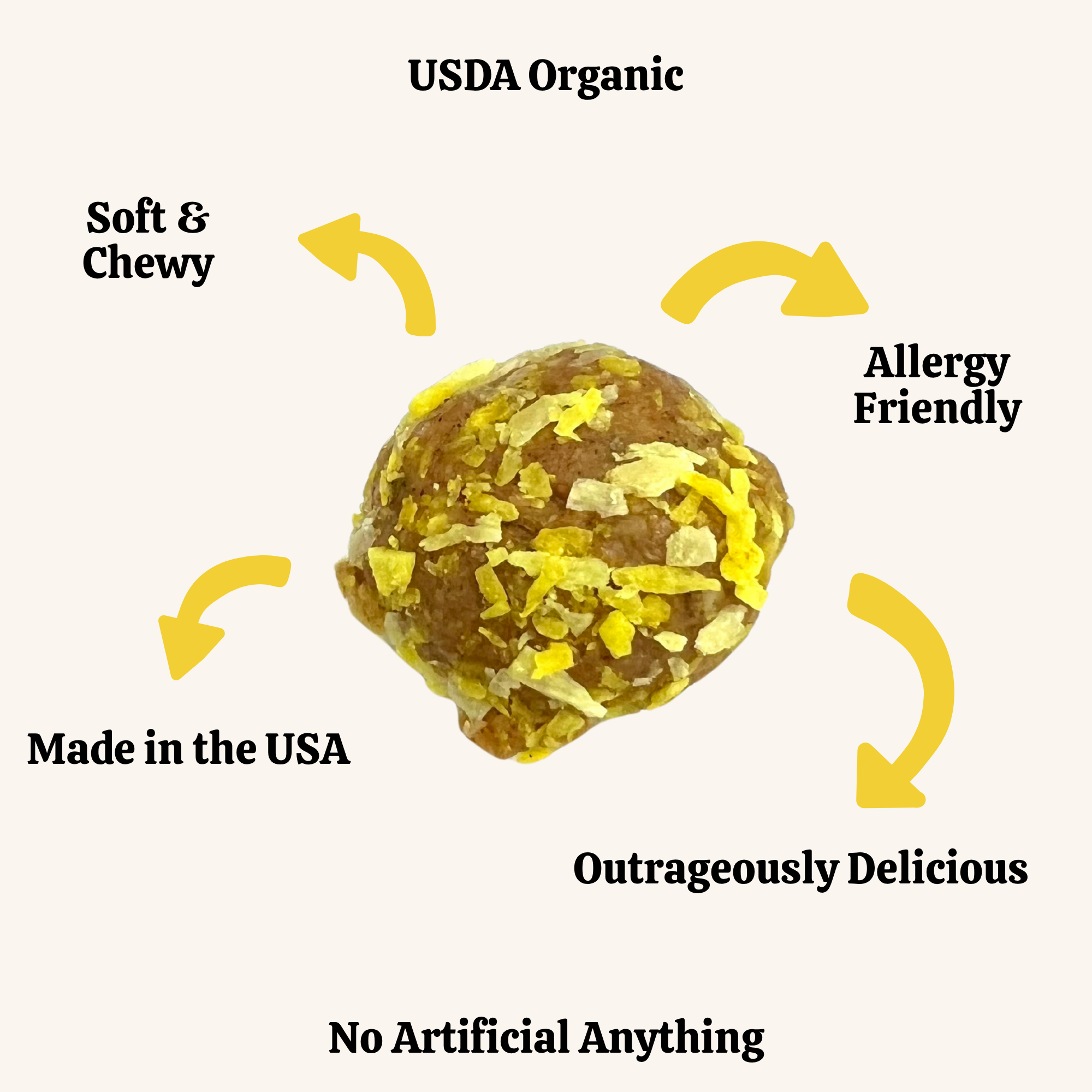Dog treat with text highlighting USDA Organic, soft & chewy, allergy friendly, made in the USA, outrageously delicious, and no artificial ingredients.