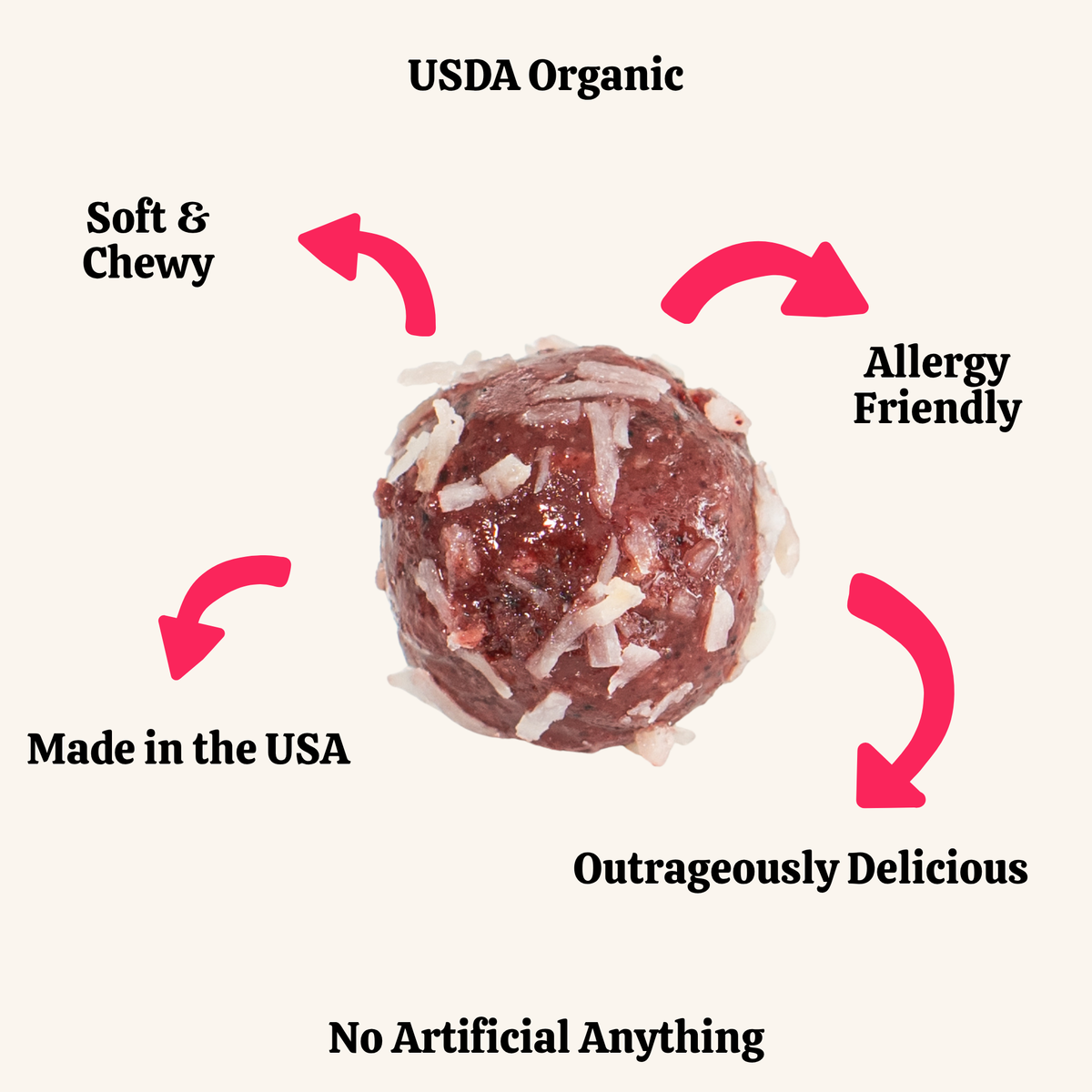Dog treat with text highlighting USDA Organic, soft & chewy, allergy friendly, made in the USA, outrageously delicious, and no artificial ingredients.