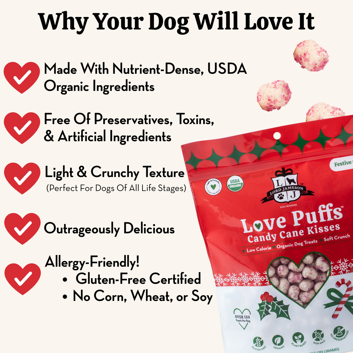 Red bag of Love Puffs Candy Cane Kisses with text highlighting benefits for dogs.