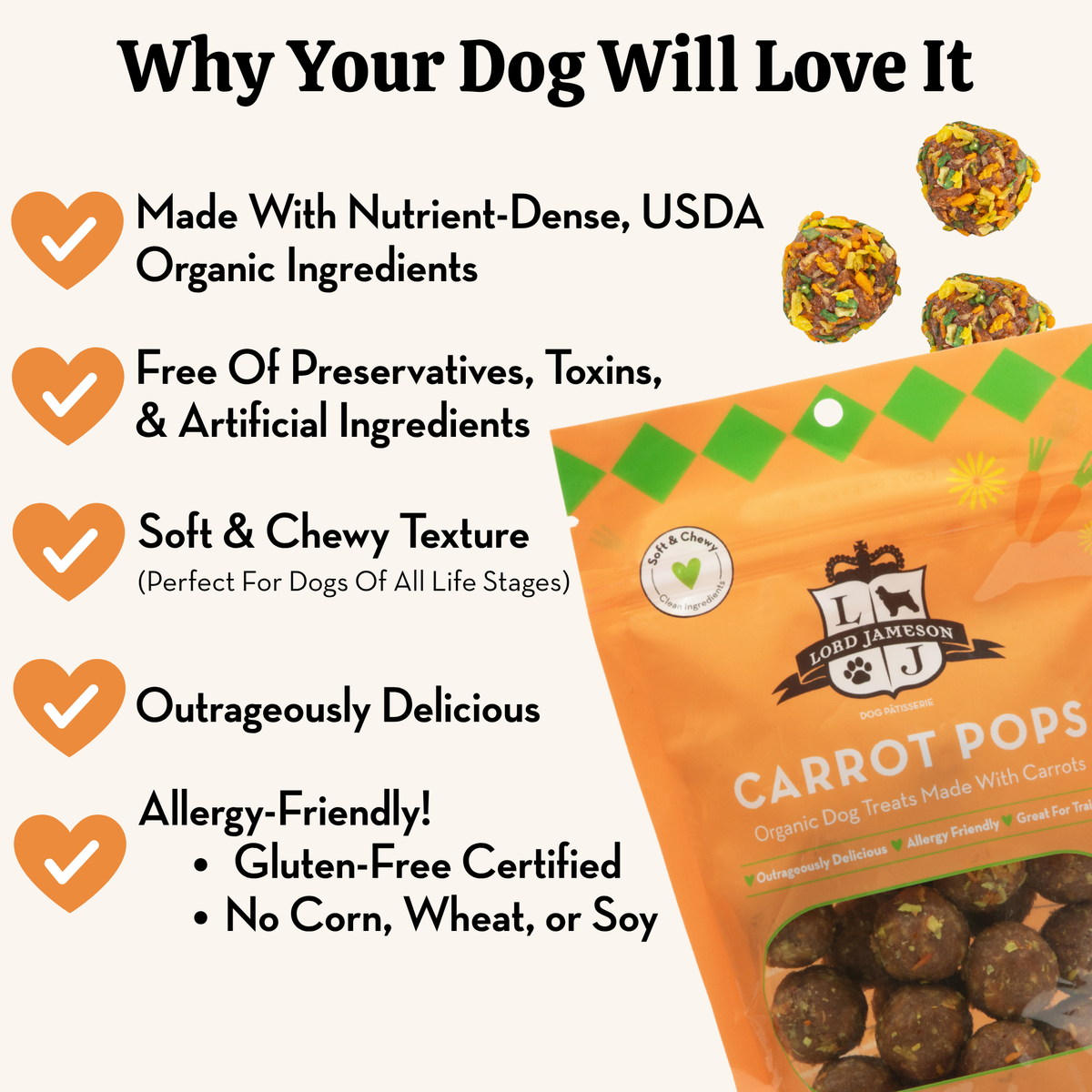 Bag of Lord Jameson Carrot Pops dog treats with text highlighting benefits on a white background