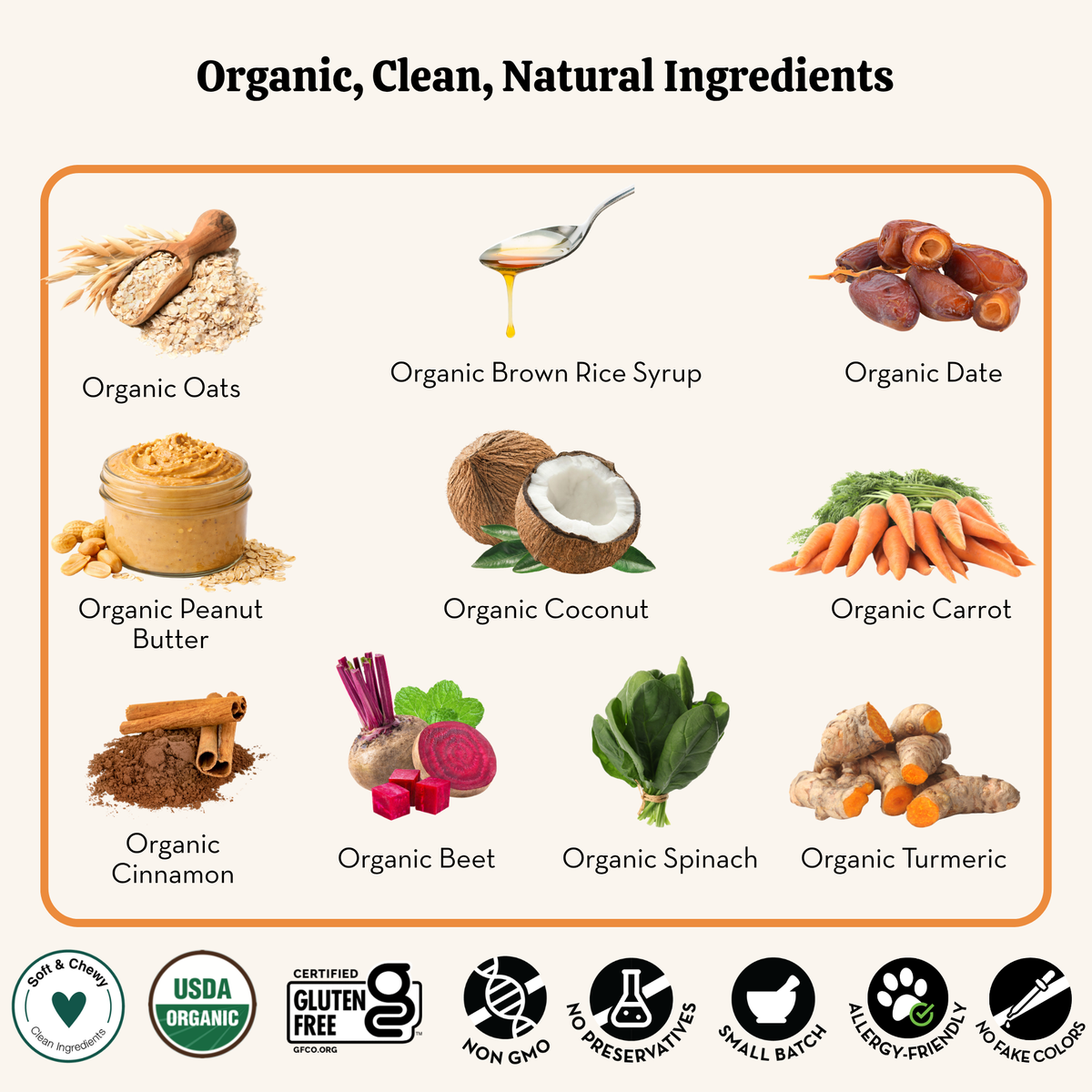 Illustration of organic ingredients with labels and certification logos at the bottom.