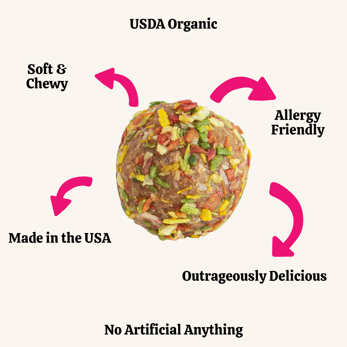 Dog treat ball with USDA Organic, soft & chewy, allergy friendly, made in the USA, outrageously delicious, no artificial anything text on a white background.