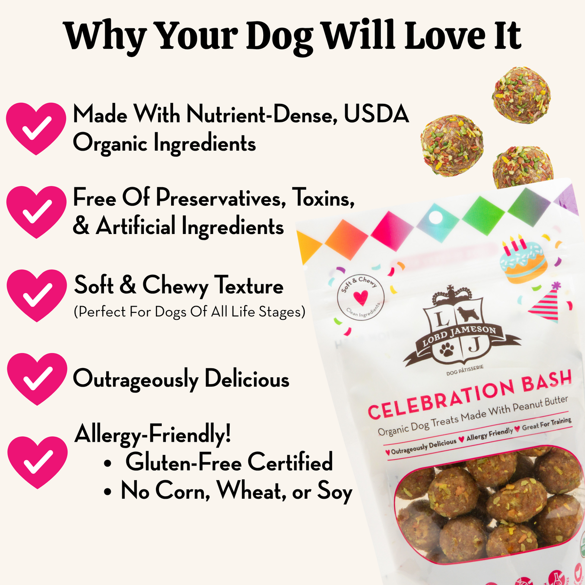 Dog treats packaging with features listed on a white background