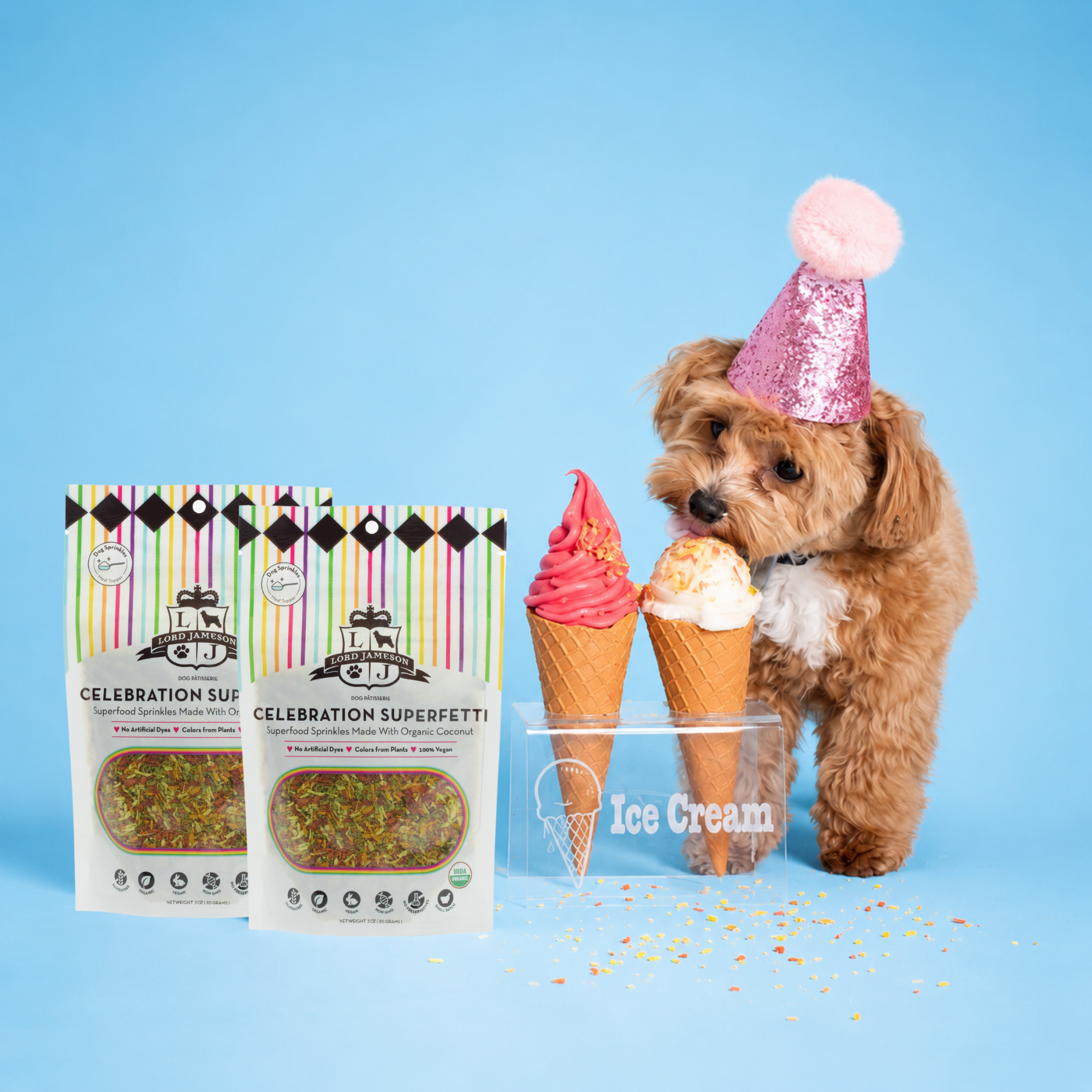 Dog wearing a party hat with ice cream-themed products on a blue background