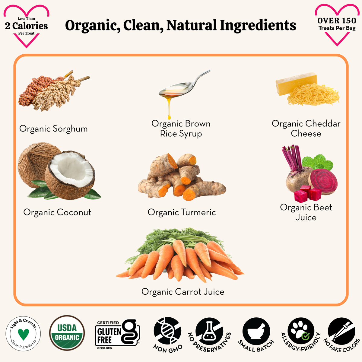 List of organic ingredients including sorghum, brown rice syrup, cheddar cheese, coconut, turmeric, beet juice, and carrot juice, with certification logos at the bottom.