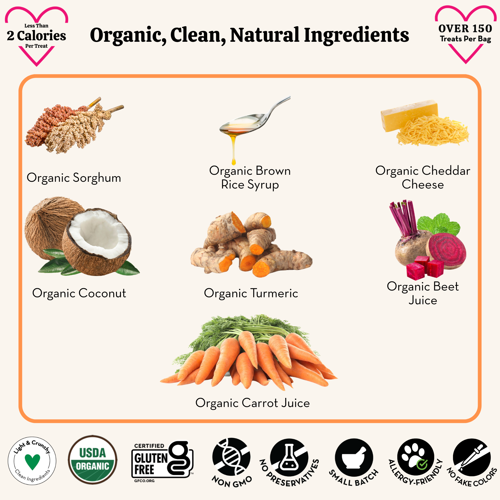 List of organic ingredients including sorghum, brown rice syrup, cheddar cheese, coconut, turmeric, beet juice, and carrot juice, with certification logos at the bottom.