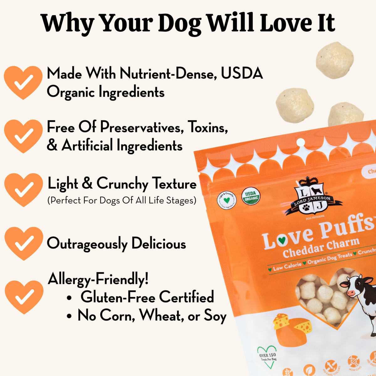 Dog food product packaging with nutritional information on a white background