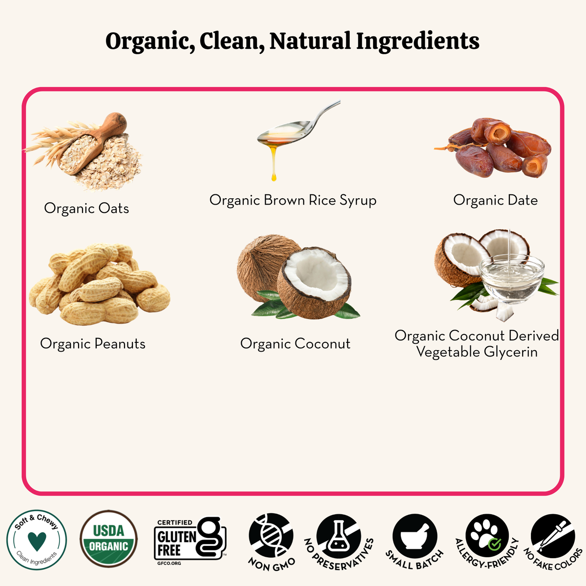 List of organic, clean, natural ingredients with corresponding images and certification logos.