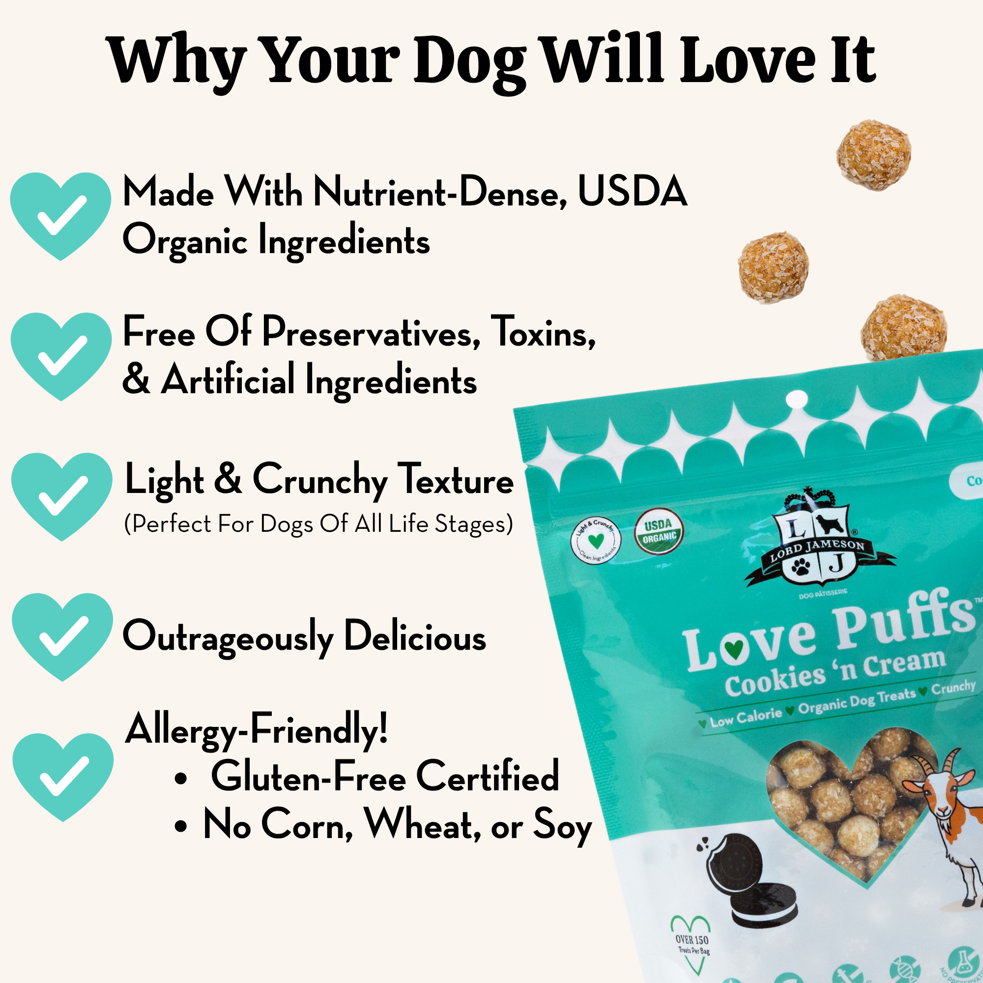 Promotional graphic for Love Puffs dog treats highlighting nutritional benefits and features.