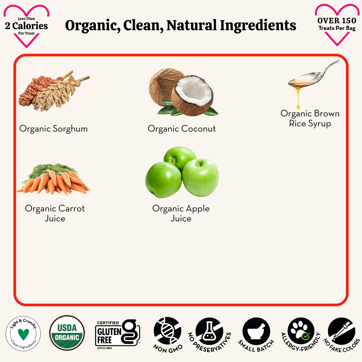 Ingredients list with organic and natural product icons on a white background