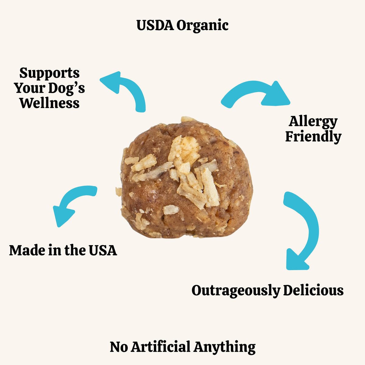 Dog treat with text highlighting USDA Organic, allergy friendliness, and other attributes on a white background.