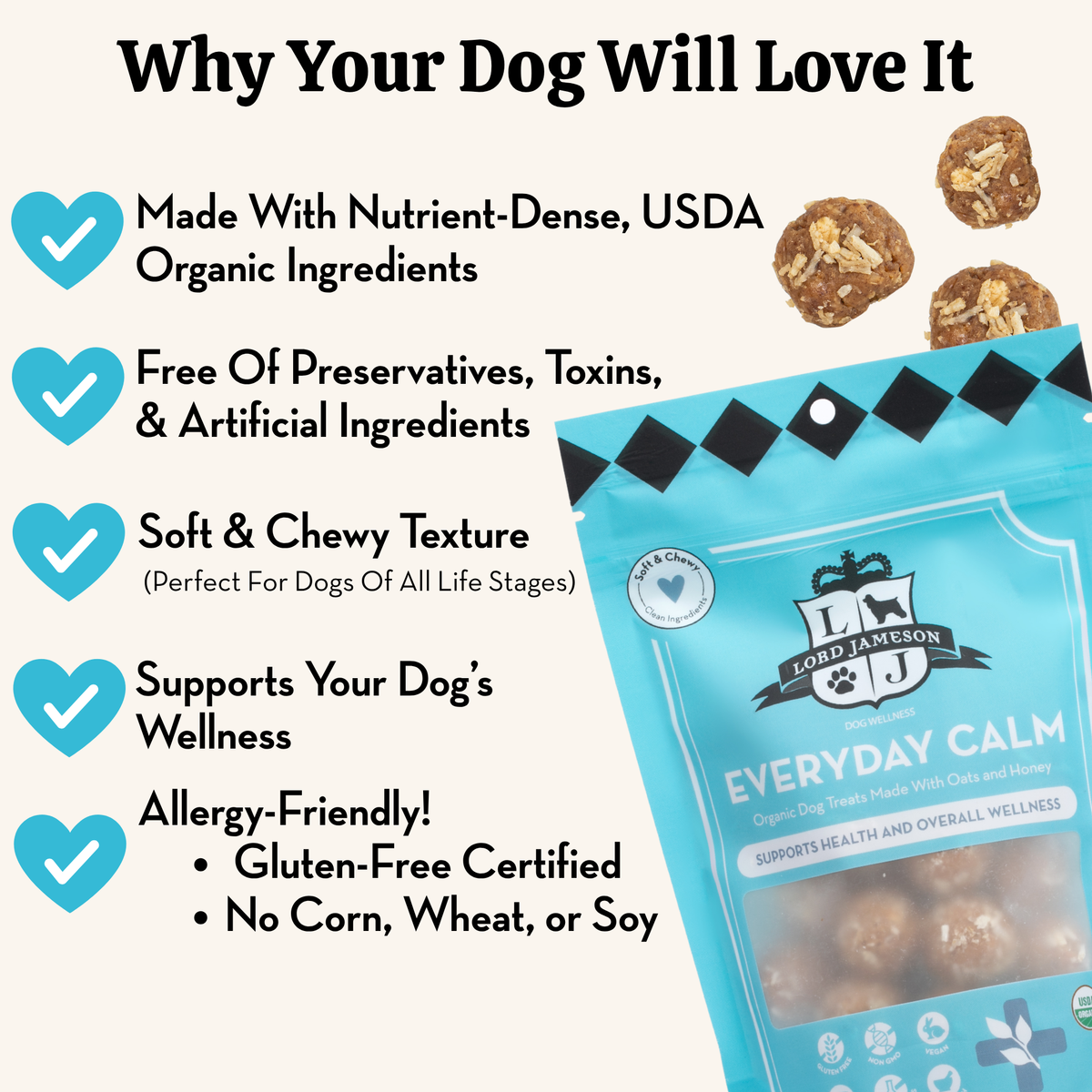 Dog treats packaging with benefits listed on a white background