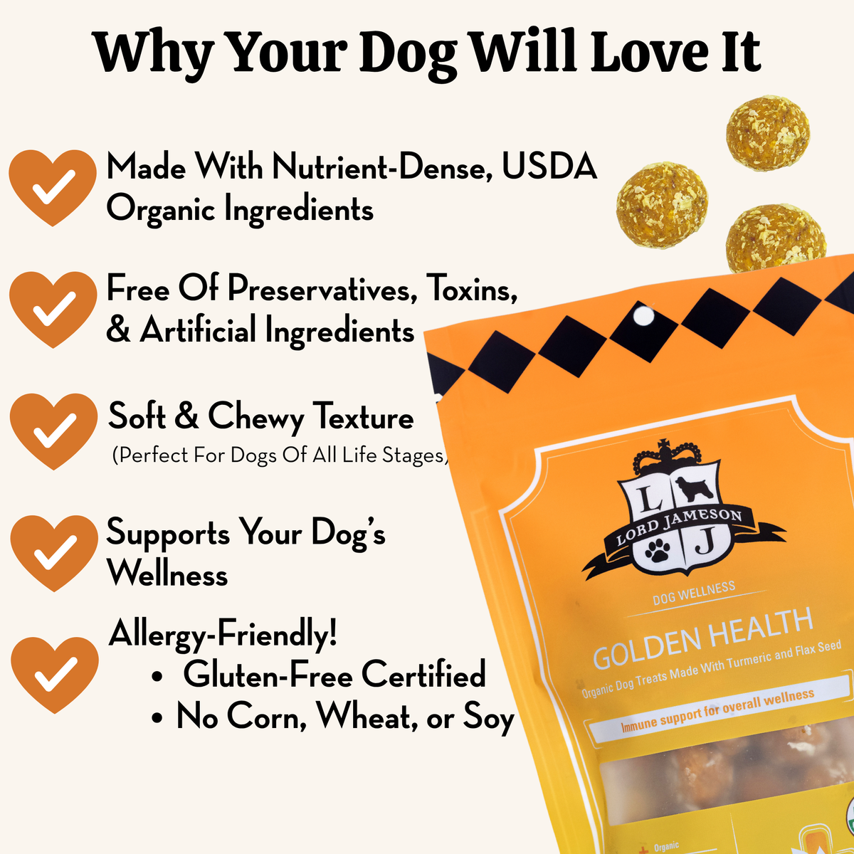 Lord Jameson dog treats packaging with features listed on a white background