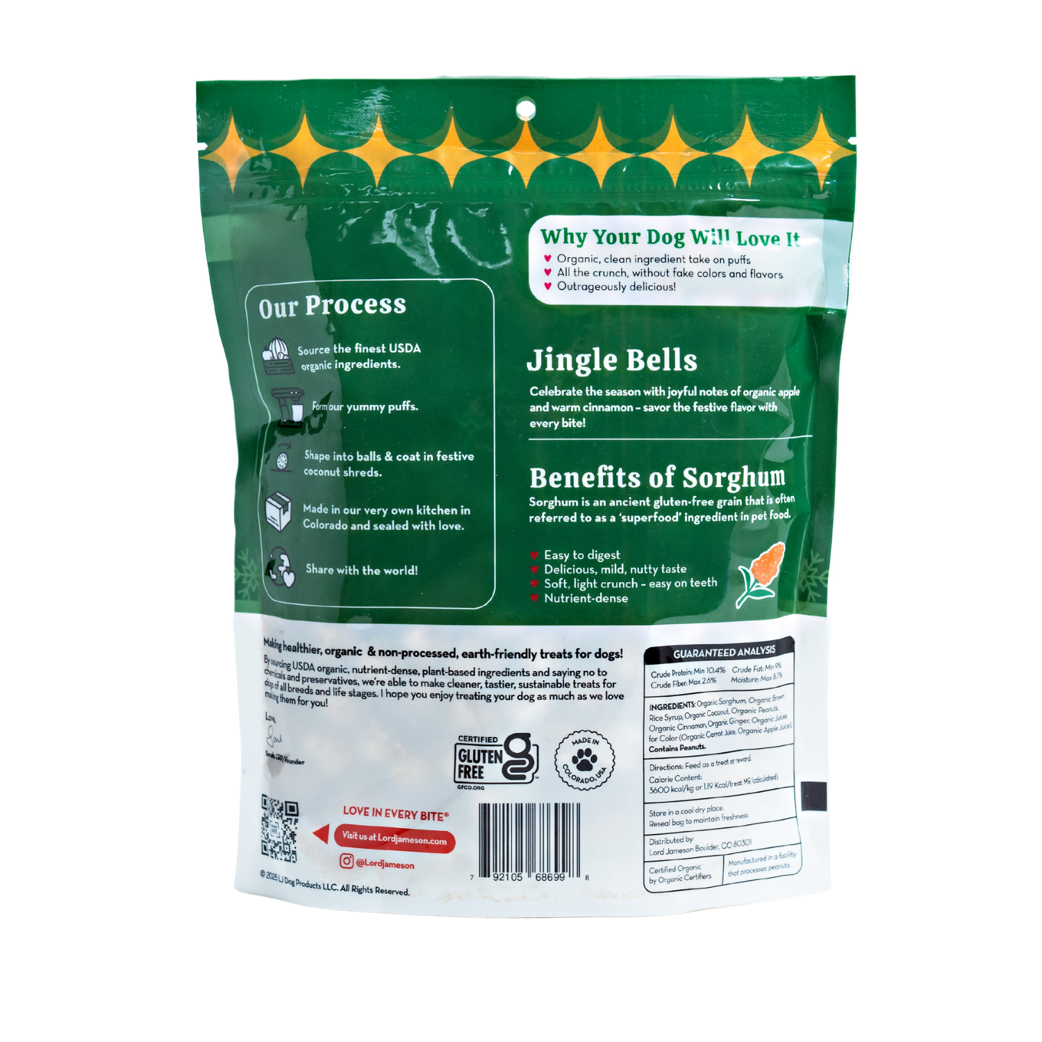 Back view of Lord Jameson Jingle Bells organic dog treats 4 oz packaging