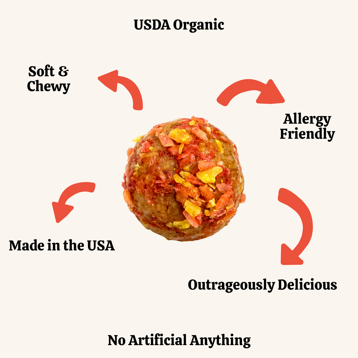 Dog treat ball with USDA Organic, soft & chewy, allergy friendly, made in the USA, outrageously delicious, no artificial anything text on a white background.