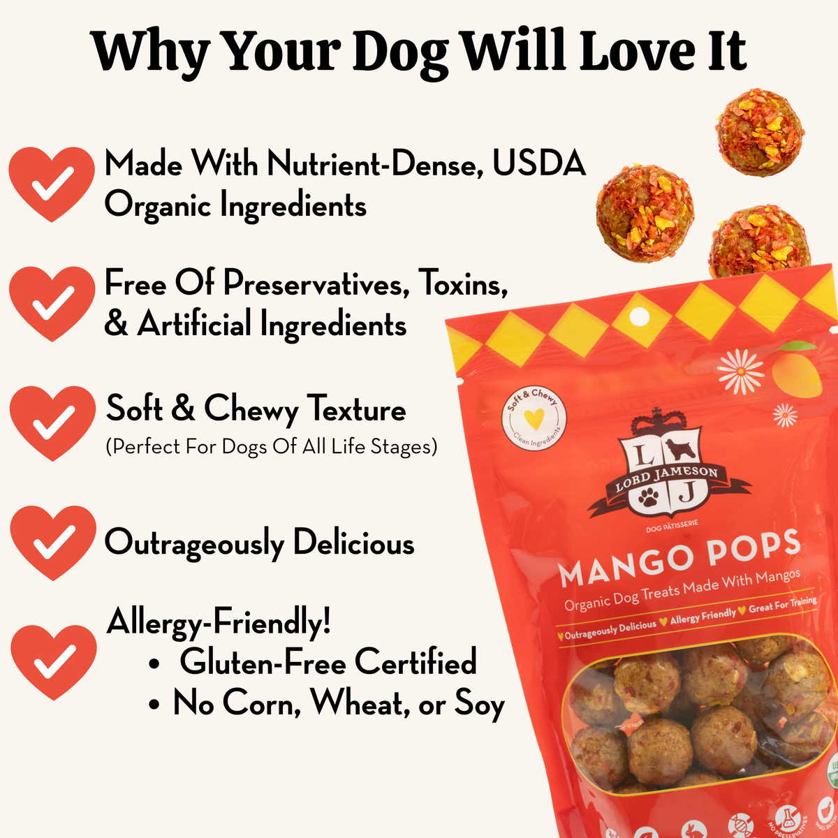 Lord Jameson Mango Pops dog treats packaging with listed benefits on a white background