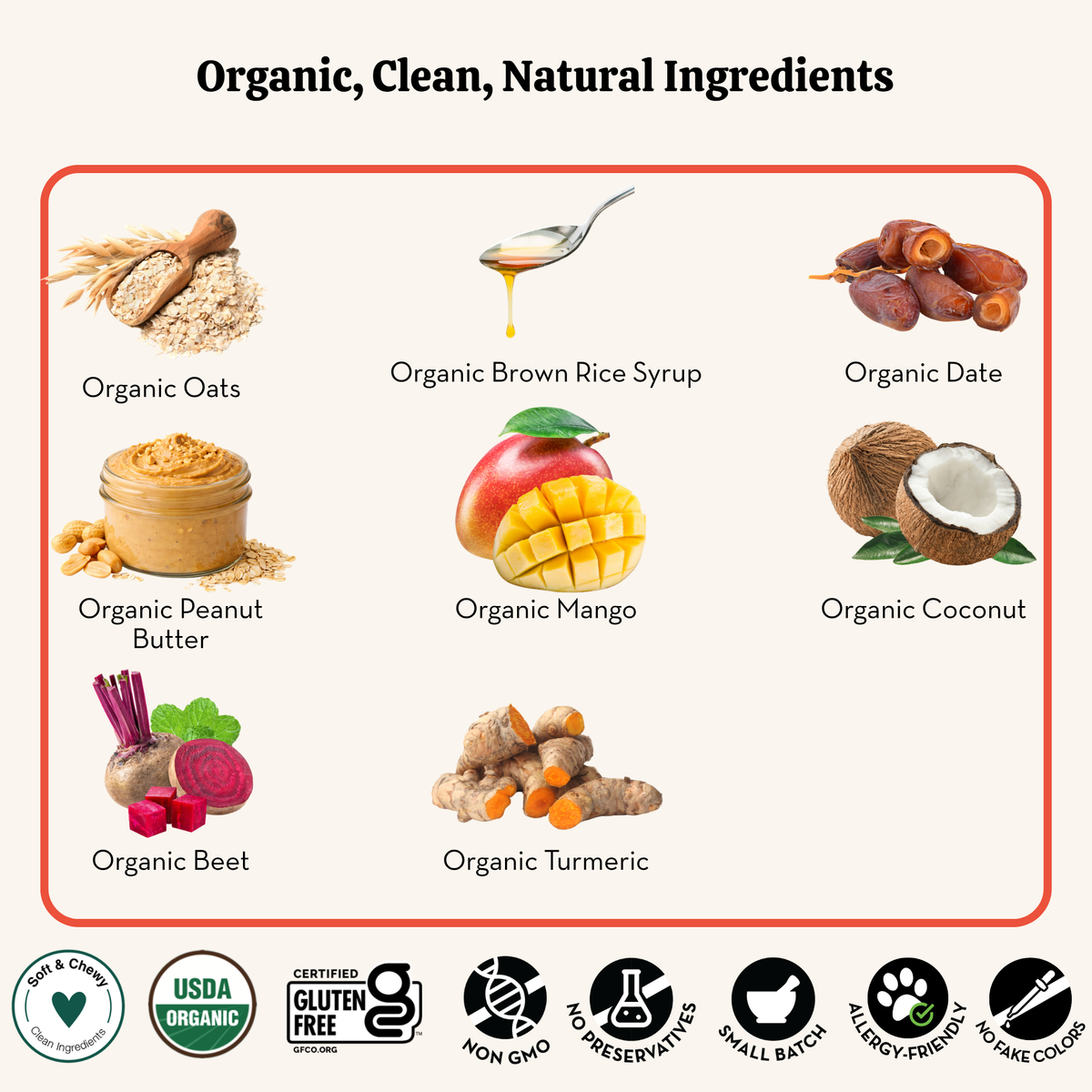 List of organic ingredients including oats, rice syrup, dates, peanut butter, mango, coconut, beet, and turmeric with corresponding icons below.