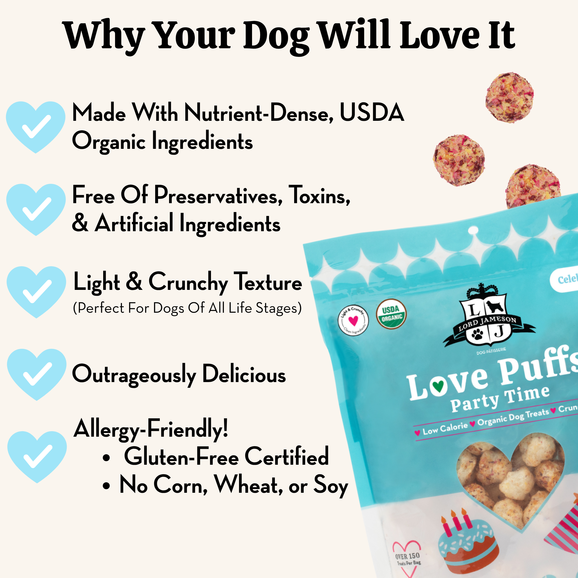 Product packaging of Love Puffs with text highlighting its features on a white background
