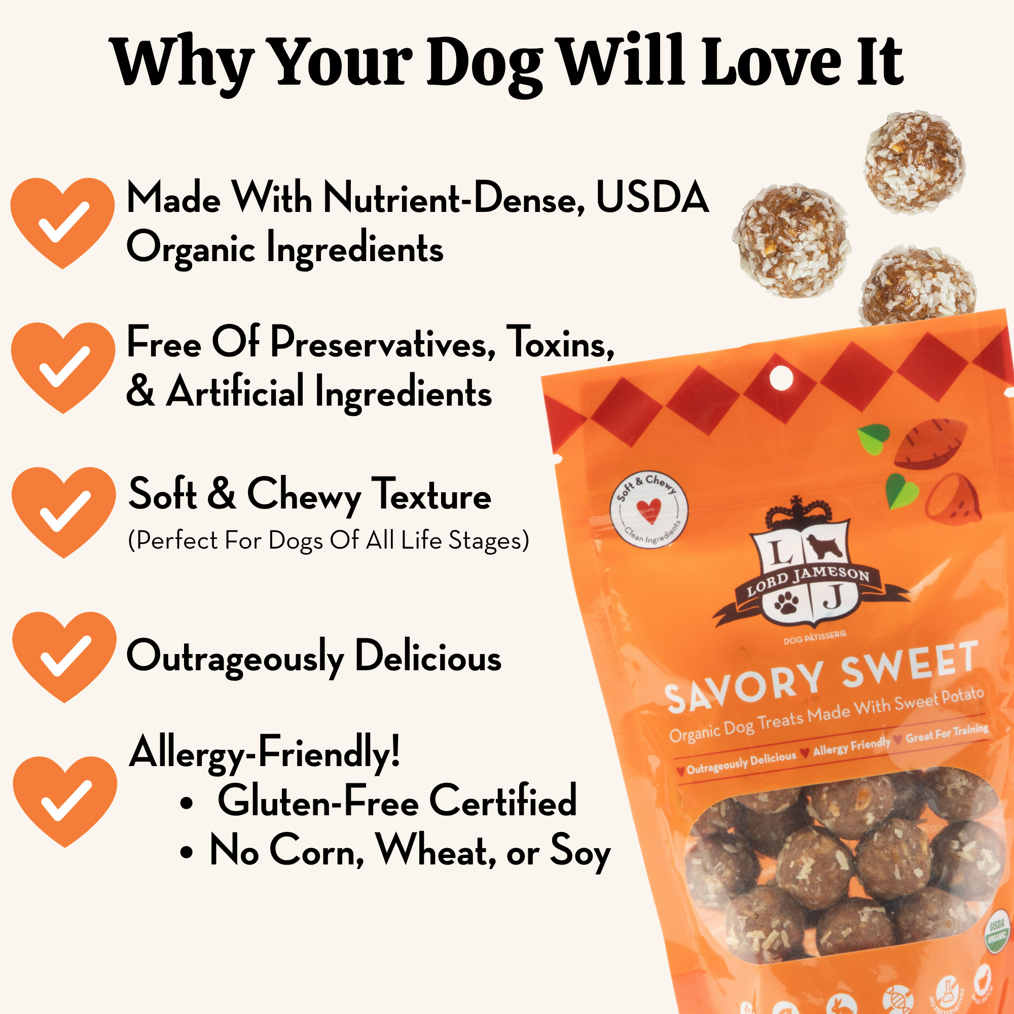 Lord Jameson organic dog treats packaging with features listed on a white background