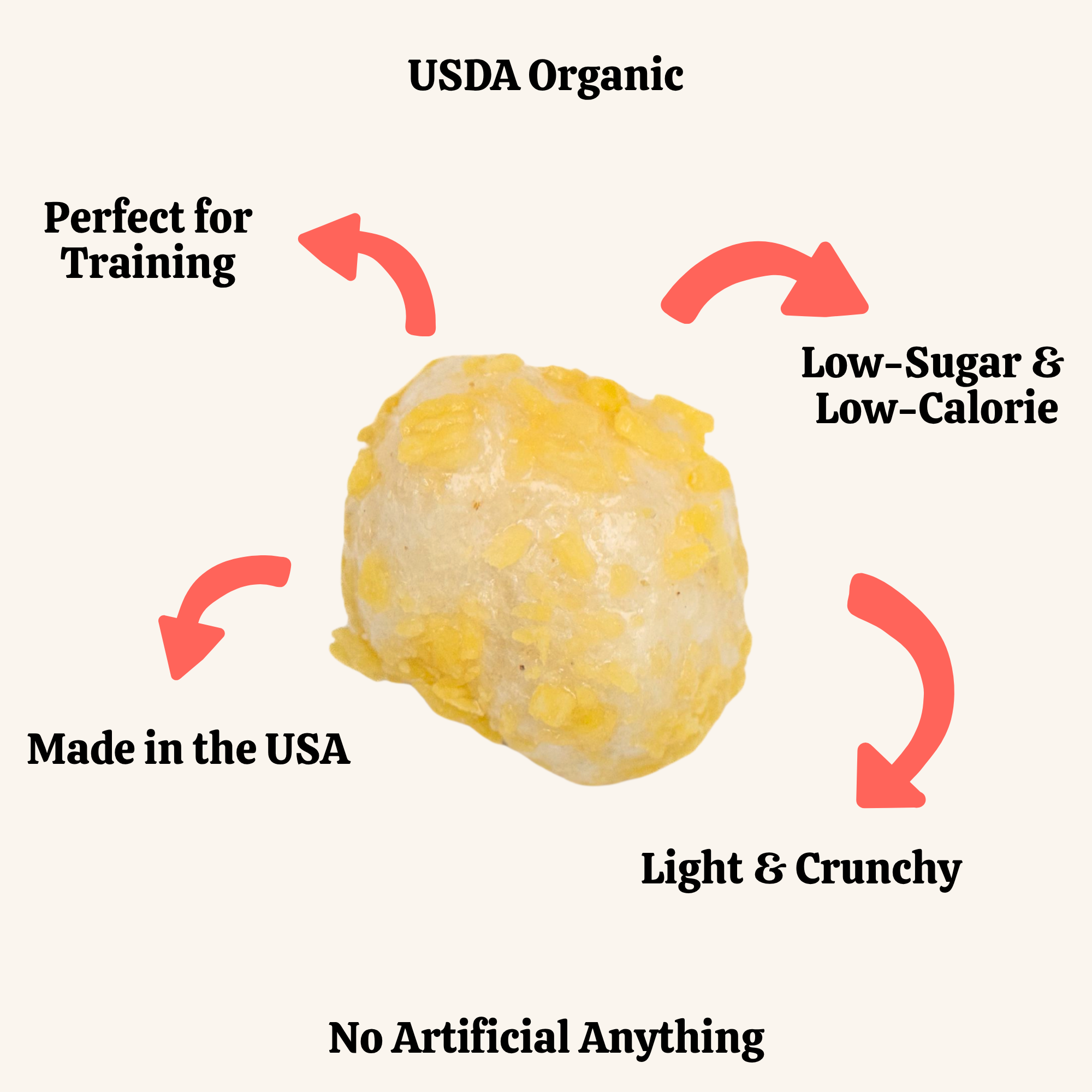 Corn kernel with USDA Organic label and health benefits text on a white background