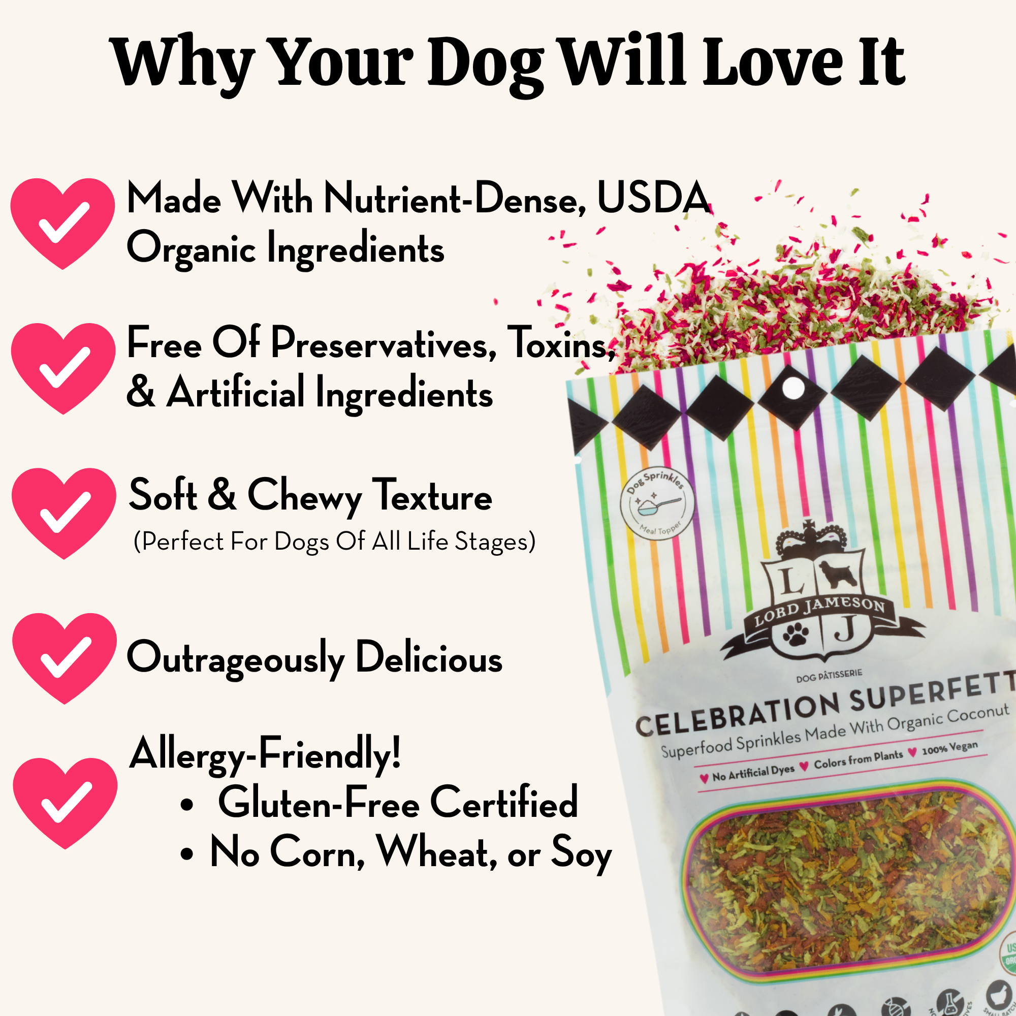 Product packaging with text highlighting features for a dog treat brand.