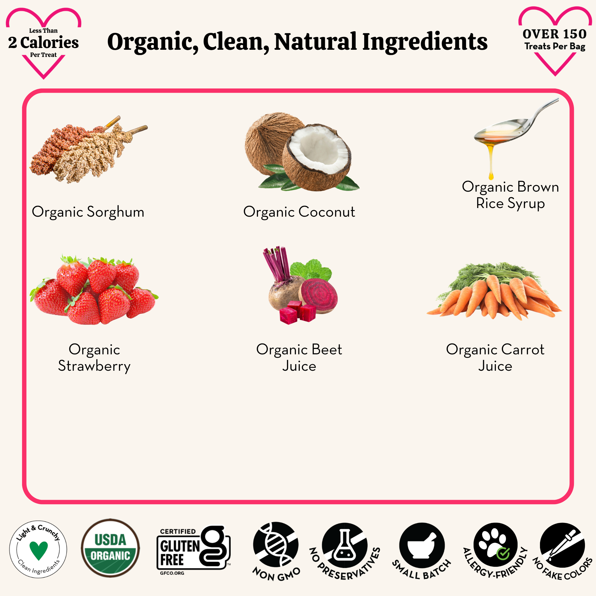List of organic ingredients including sorghum, coconut, brown rice syrup, strawberries, beet juice, and carrot juice, with certification logos at the bottom.