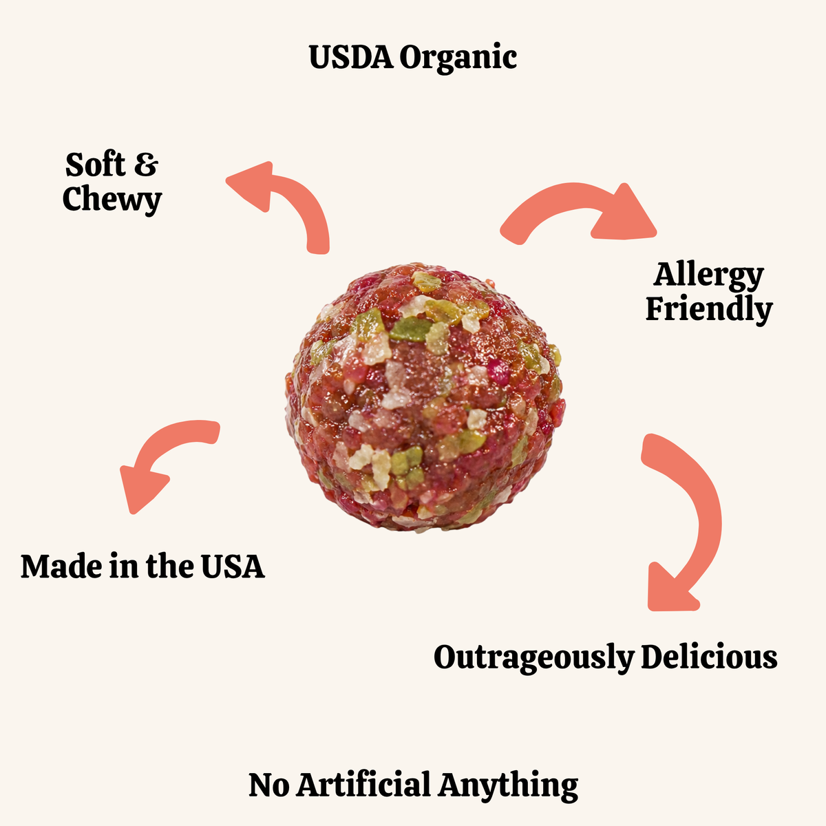 Meatball with USDA Organic label and text highlighting qualities on a white background