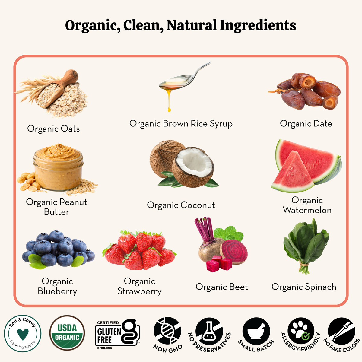 List of organic, clean, natural ingredients with corresponding images and certification logos.