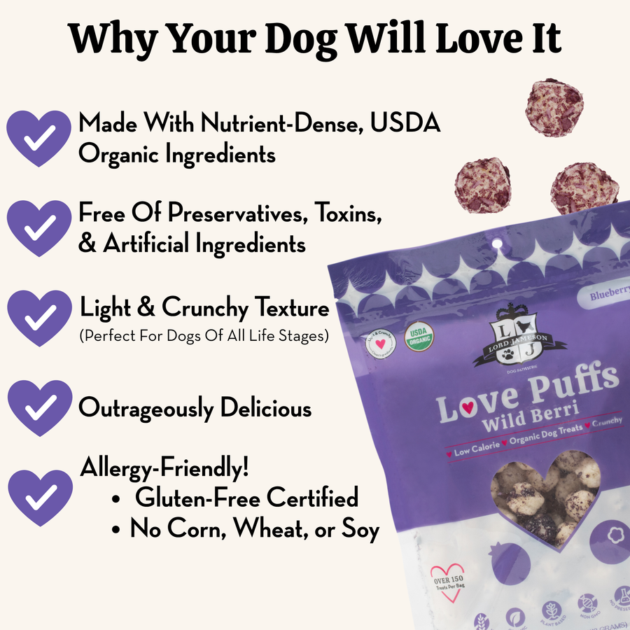 Advertisement for Love Puffs Wild Berri dog treats with text highlighting benefits on a white background.